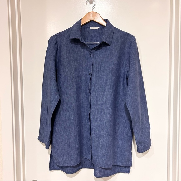 $169 Eileen Fisher Yarn-Dyed Handkerchief Organic Linen Shirt size large blue - Picture 6 of 11
